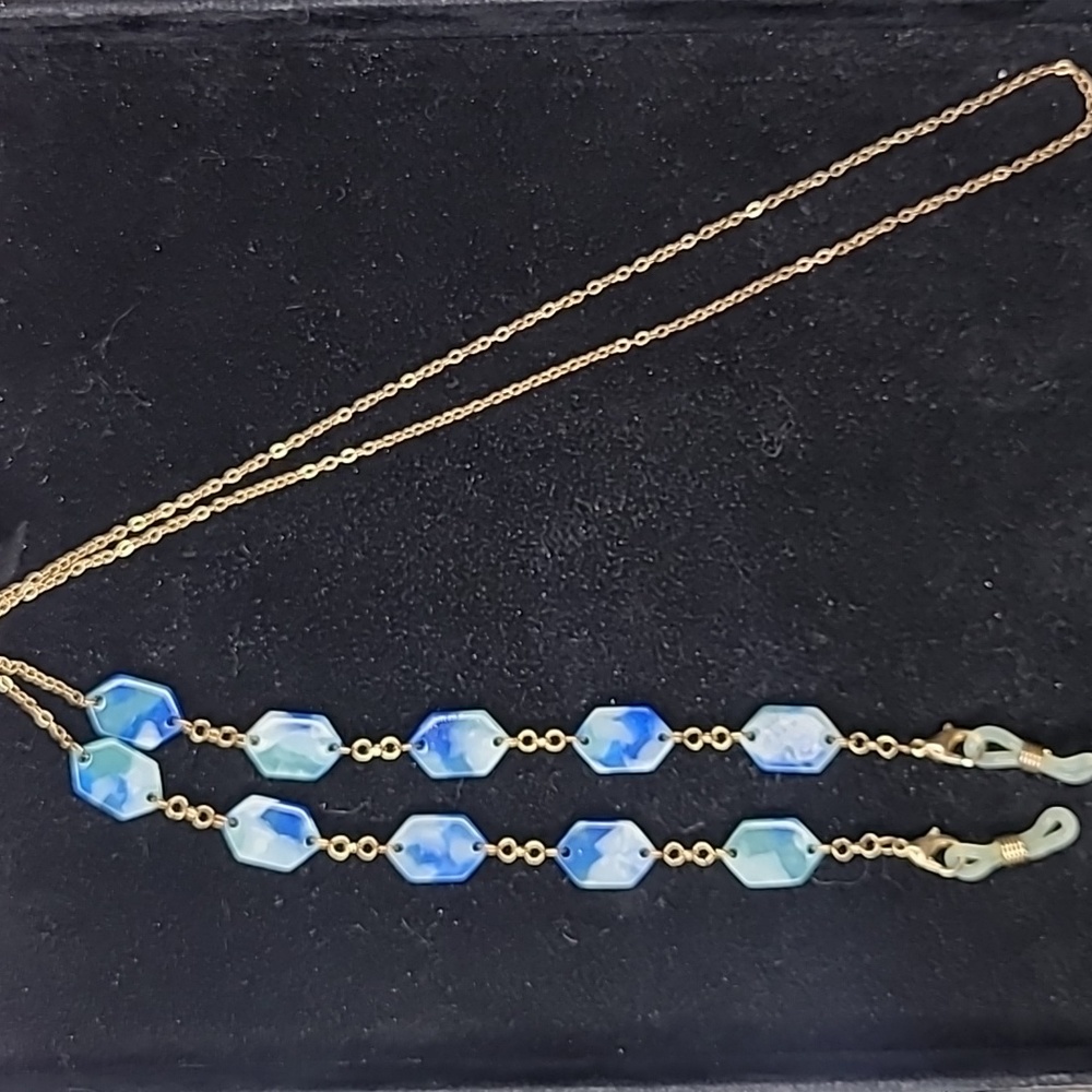 Eye Glass Holder Chain Brand New Blue Gold Modern Design Geometric Beads Unique